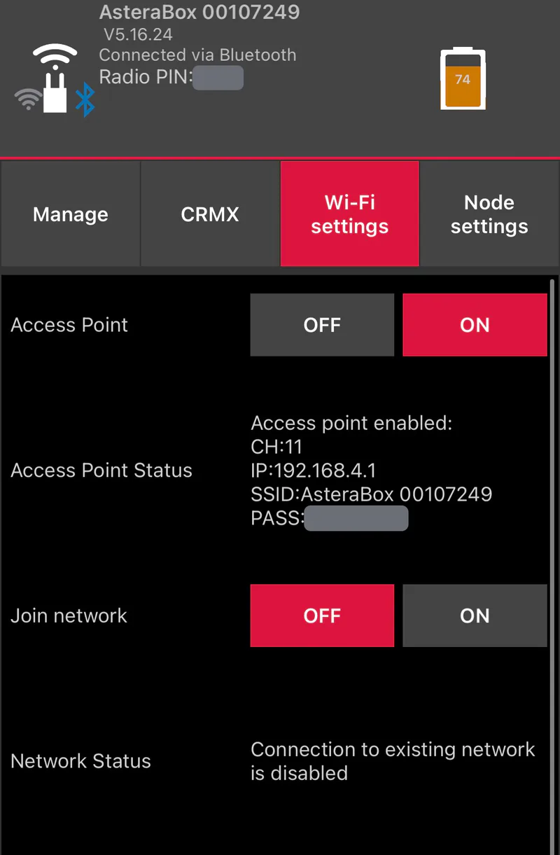 ART7 Wi-Fi settings in AsteraNext: Access Point ON, Join network OFF, access point on channel 11