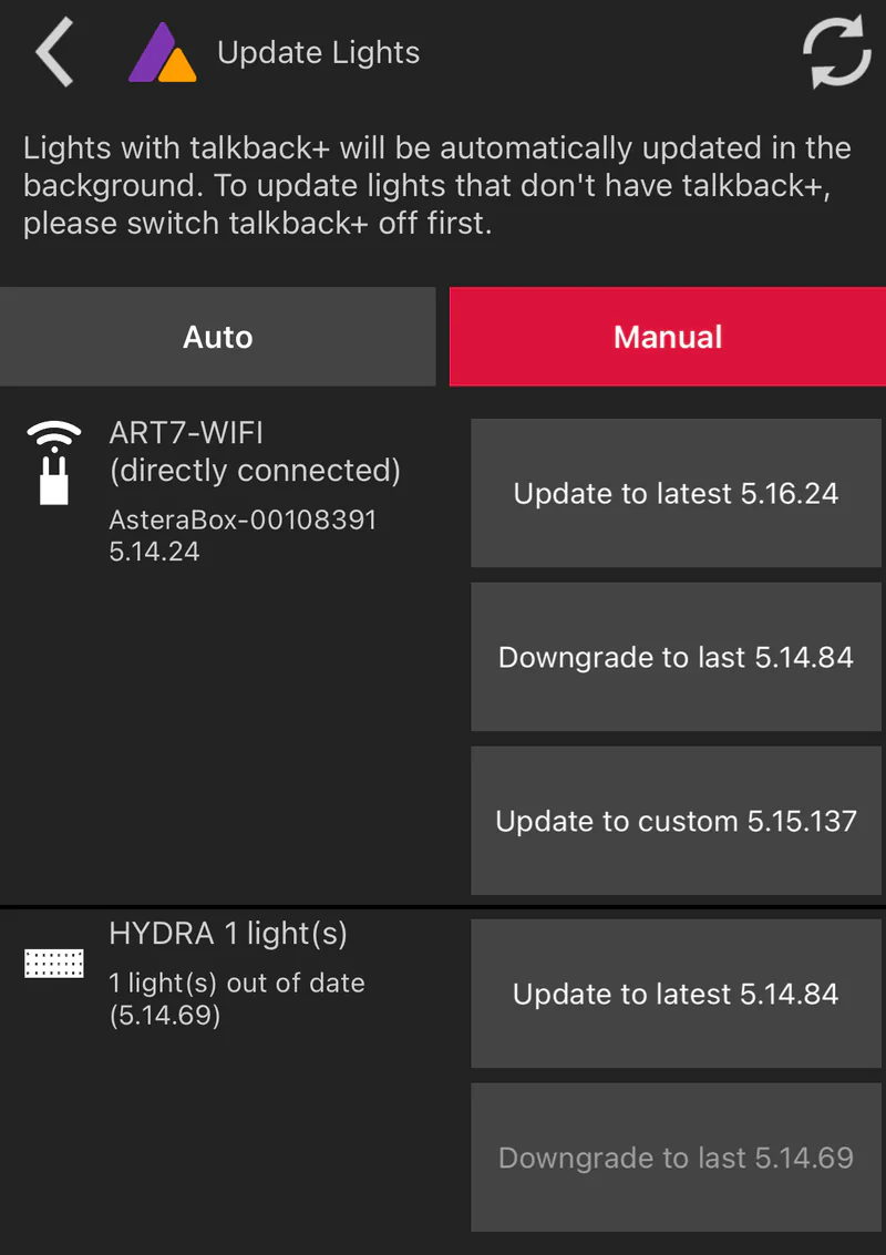 AsteraNext Update Lights screen, Manual tab, offering to update the ART7 to 5.16.24
