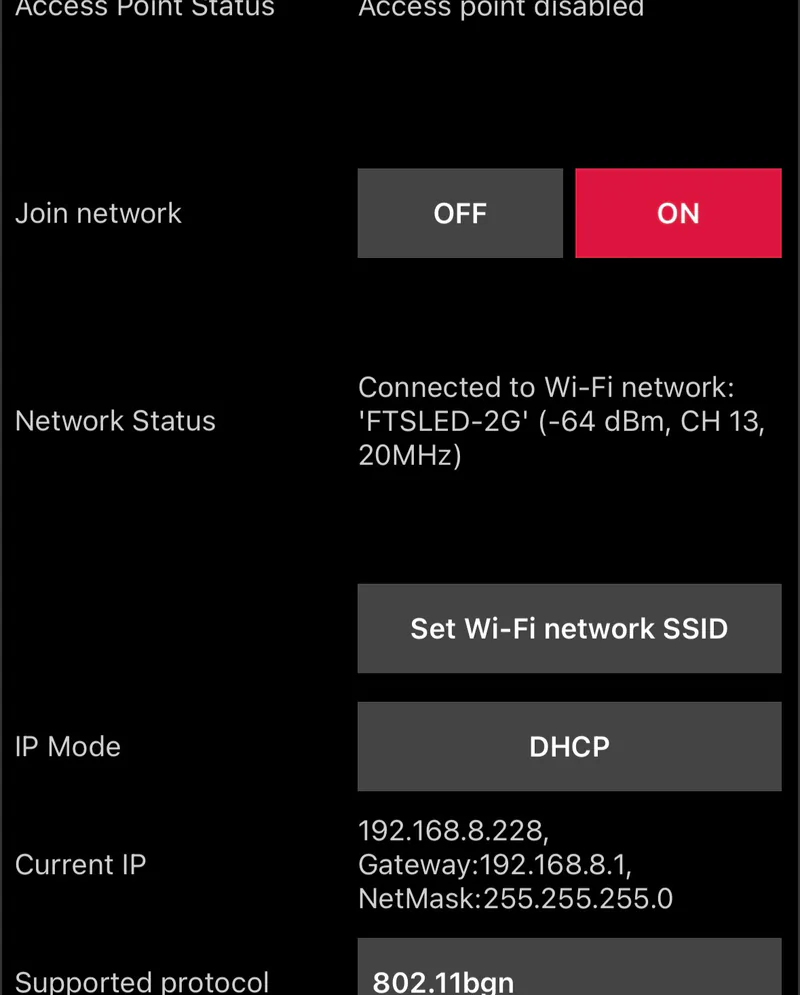 ART7 Network Status: connected to the router's 2.4 GHz network on channel 13, IP Mode DHCP