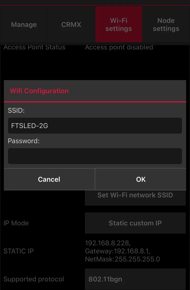 ART7 Wifi Configuration dialog in AsteraNext with the router's 2.4 GHz SSID