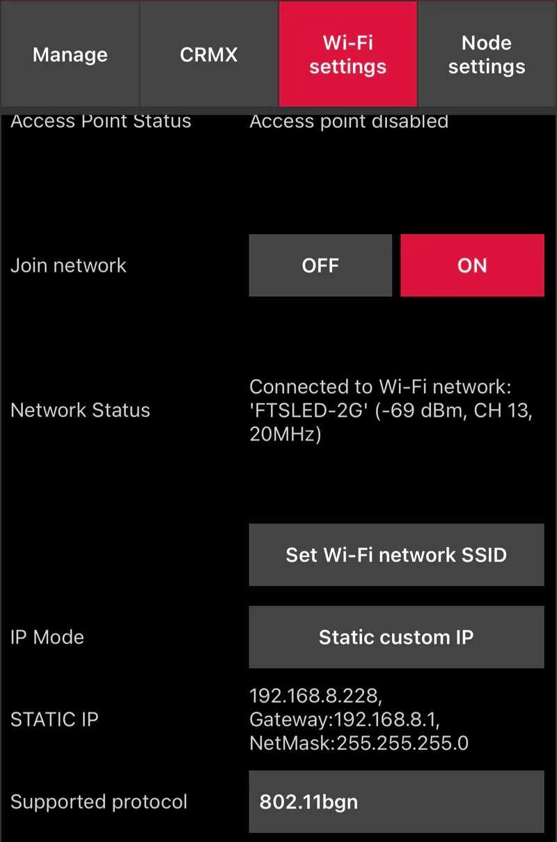 ART7 Wi-Fi settings after the change: IP Mode Static custom IP, 192.168.8.228