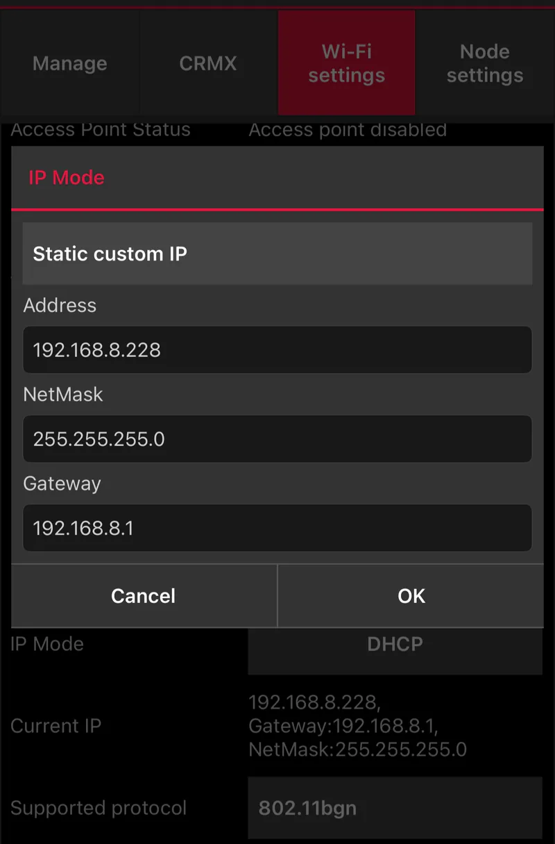 ART7 IP Mode dialog: Static custom IP with address, netmask and gateway