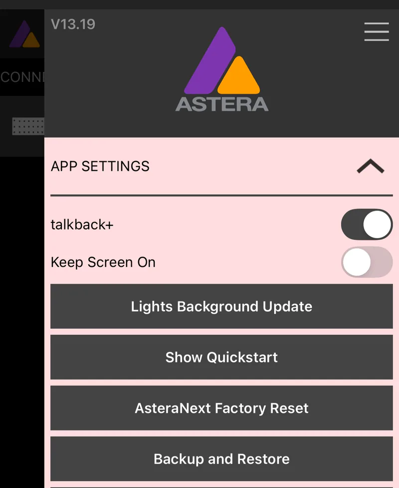 AsteraNext menu with App Settings open and the Lights Background Update button