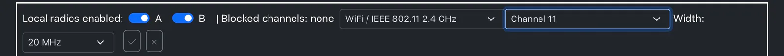 Cerise Spectrum tab: blocking Wi-Fi channel 11, 20 MHz wide, on radios A and B