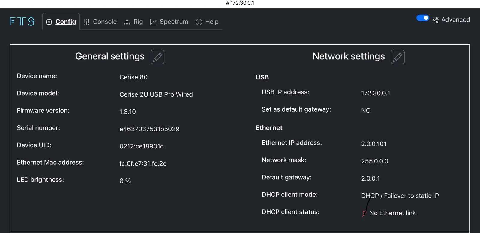 Cerise WebUI Config tab: USB IP address 172.30.0.1, Set as default gateway NO