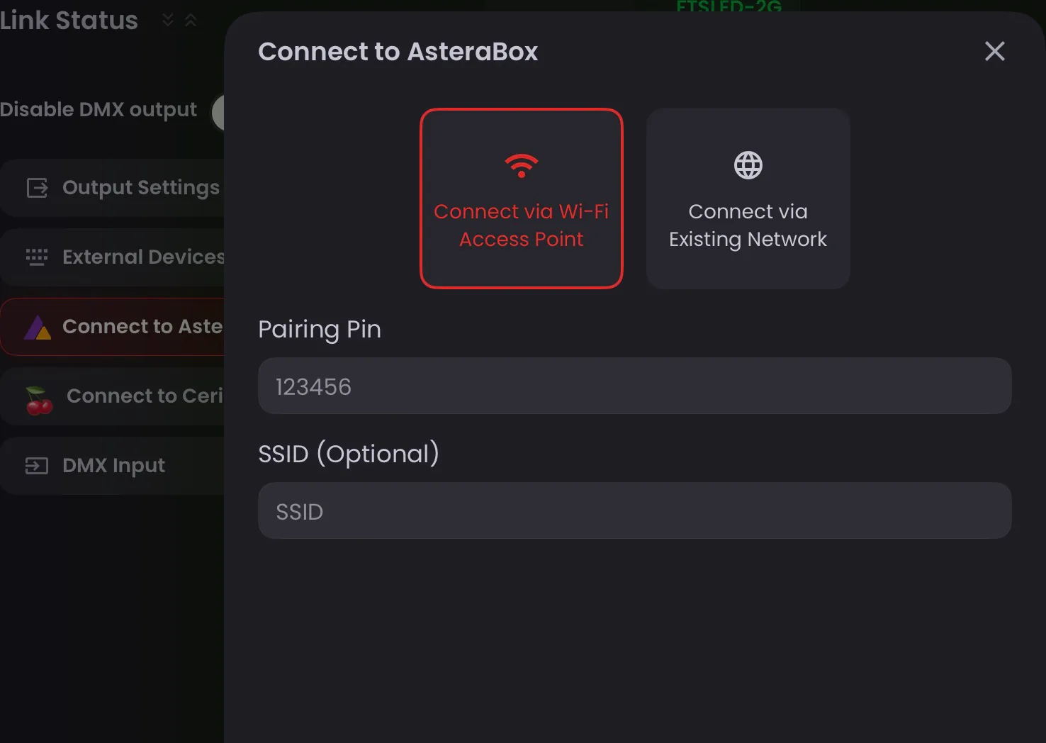Blackout Connect to AsteraBox dialog with Connect via Wi-Fi Access Point selected and the Pairing Pin field
