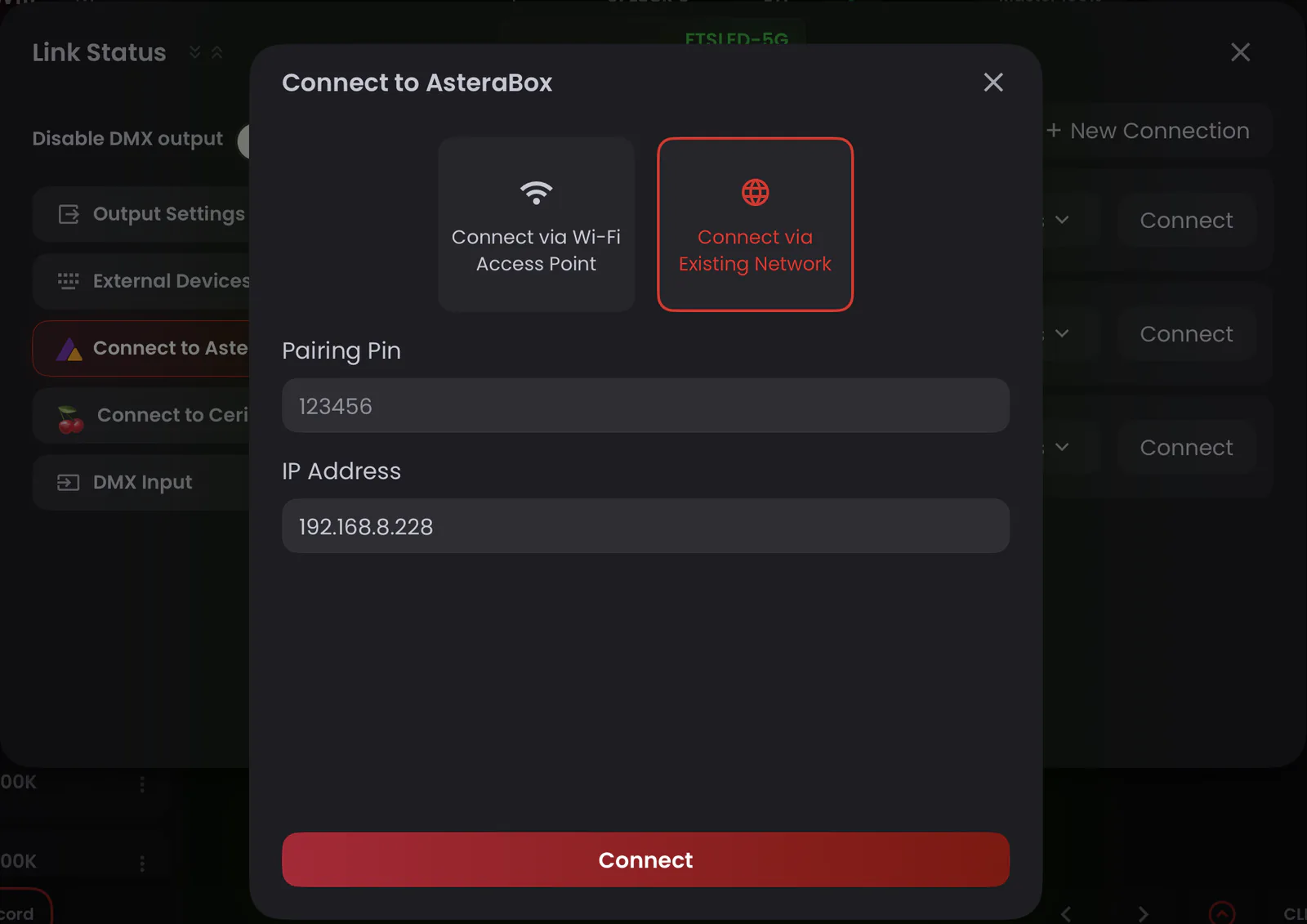 Blackout Connect to AsteraBox dialog with Connect via Existing Network selected, the Pairing Pin and the ART7's IP address