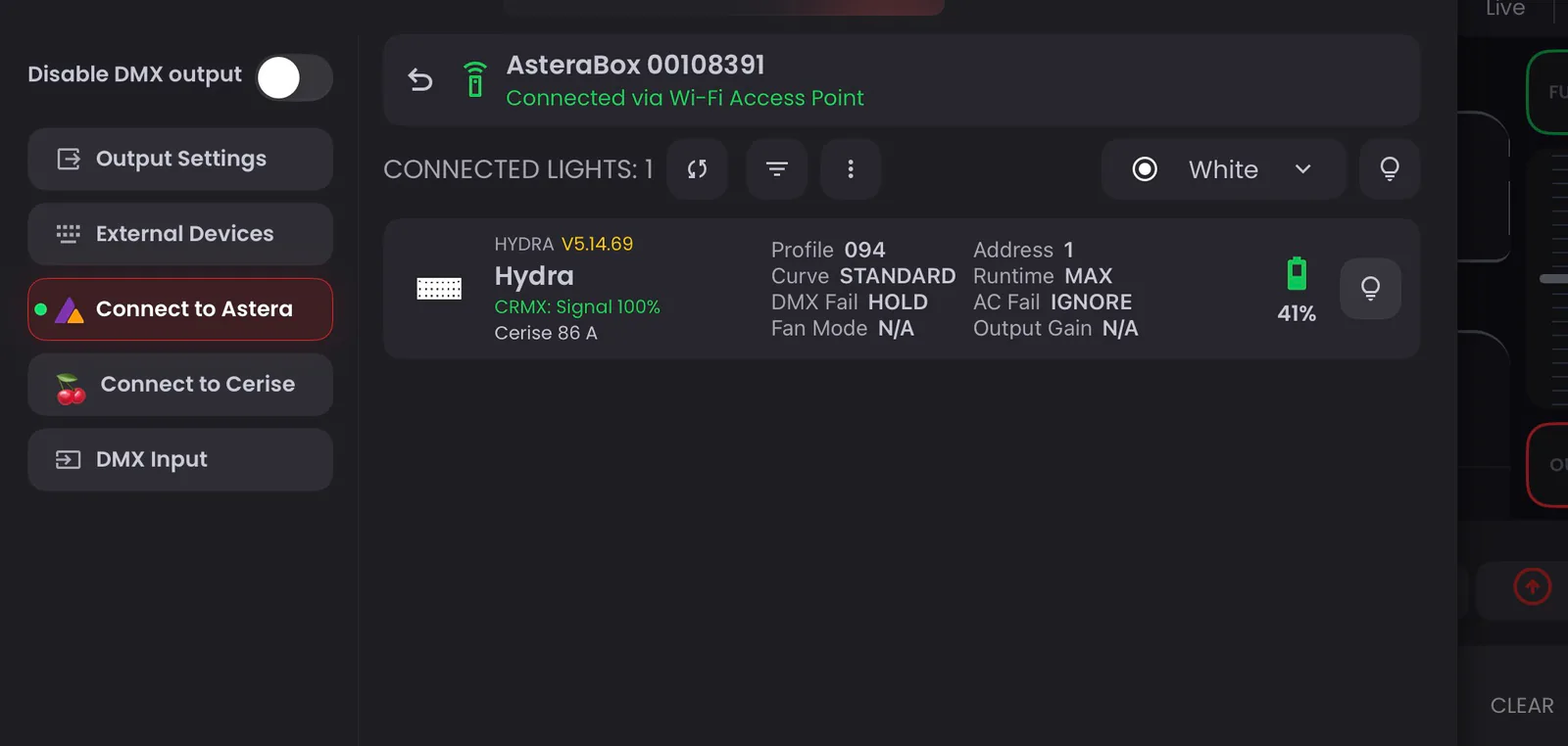 Blackout List of Lights showing an Astera Hydra receiving CRMX from Cerise output A, with its profile, address and battery