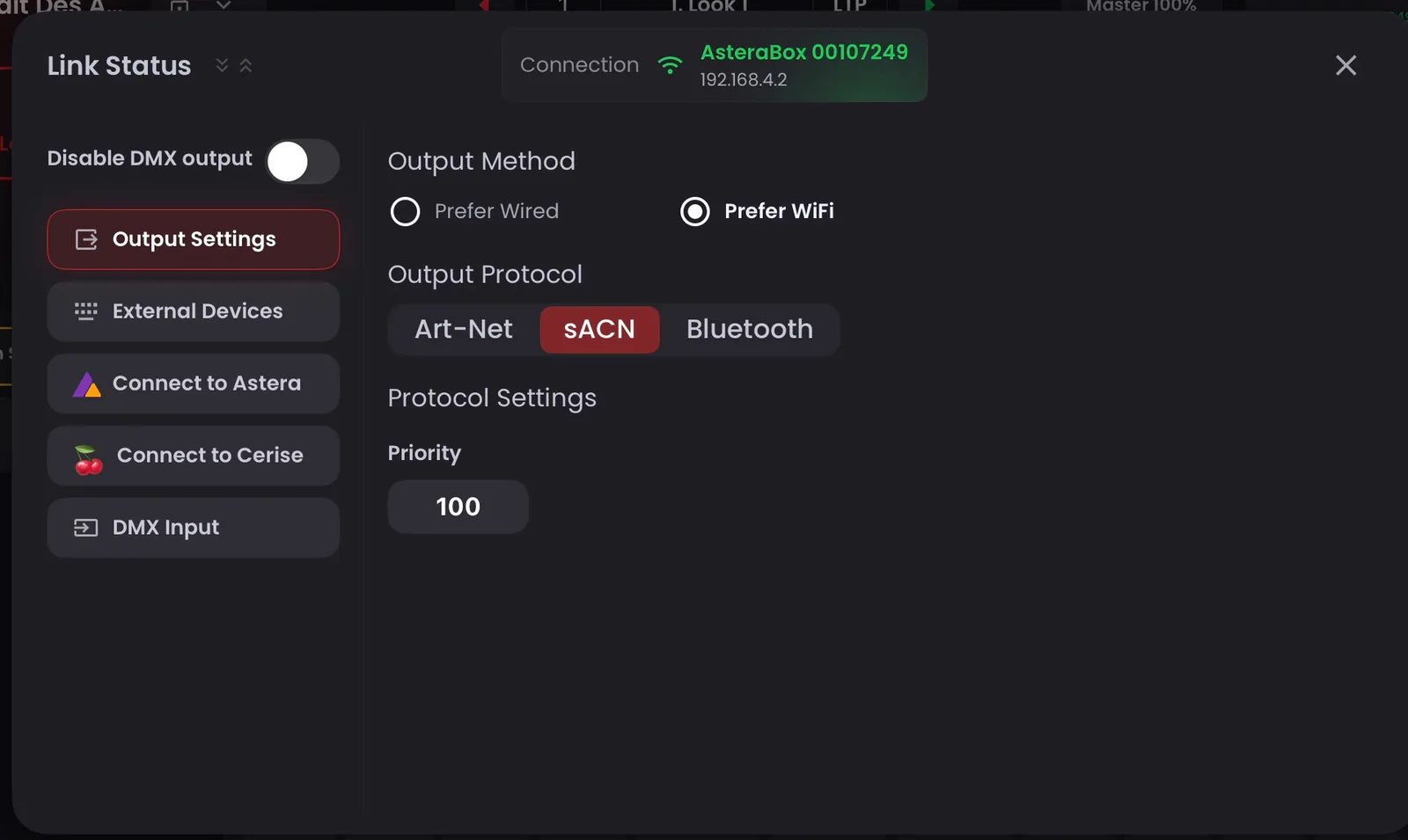Blackout Output Settings with the Output Method options Prefer Wired and Prefer WiFi