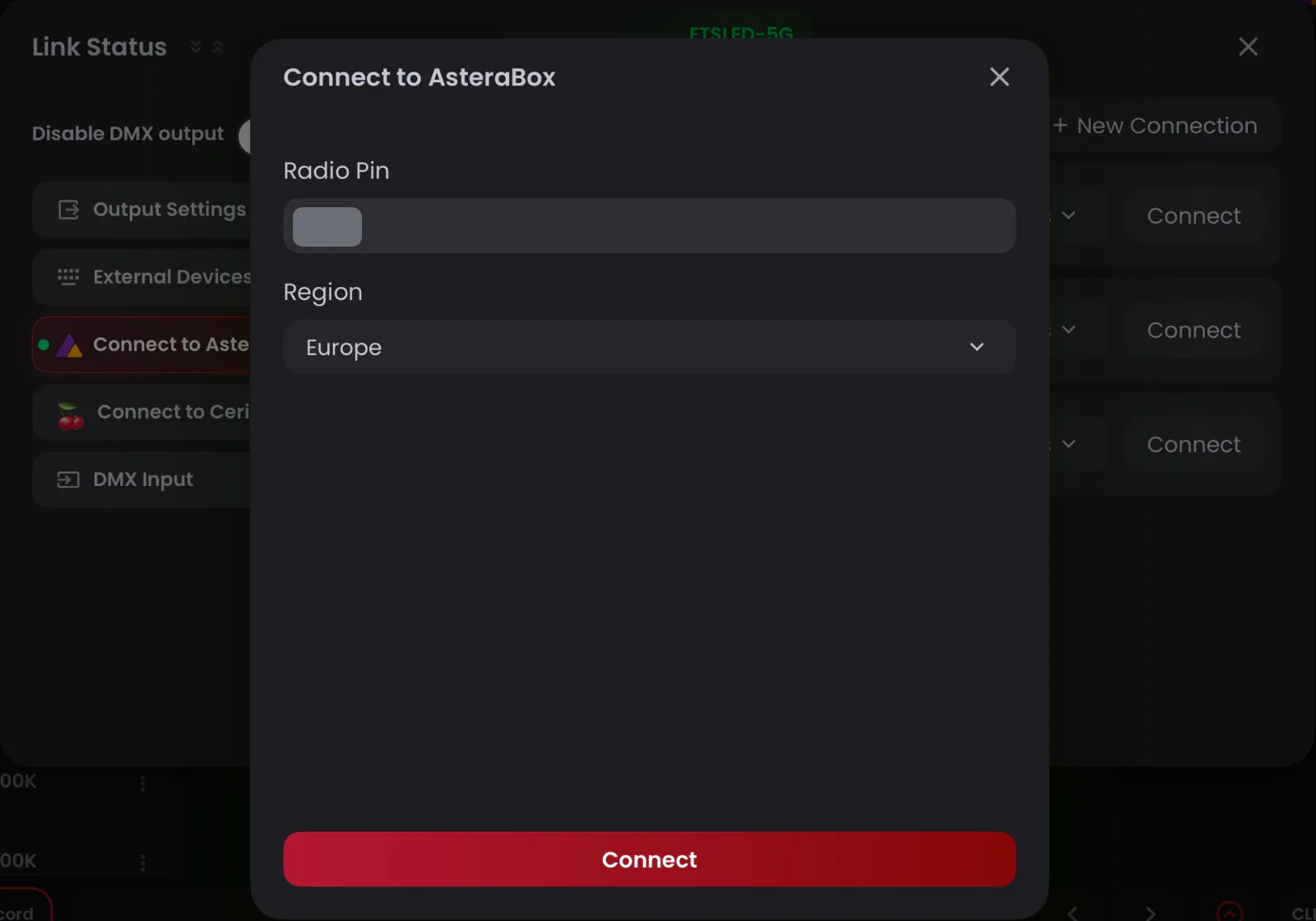 Blackout dialog asking for the Radio Pin and the Region