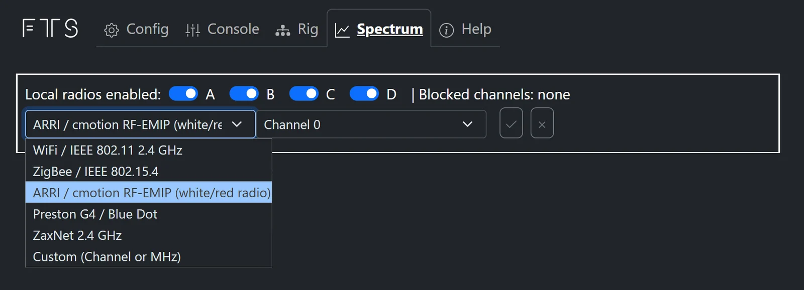 Spectrum टैब में ब्लॉक जोड़ना: प्रीसेट मेनू खुला है जिसमें WiFi, ZigBee, ARRI / cmotion RF-EMIP, Preston G4 / Blue Dot, ZaxNet 2.4 GHz और Custom हैं